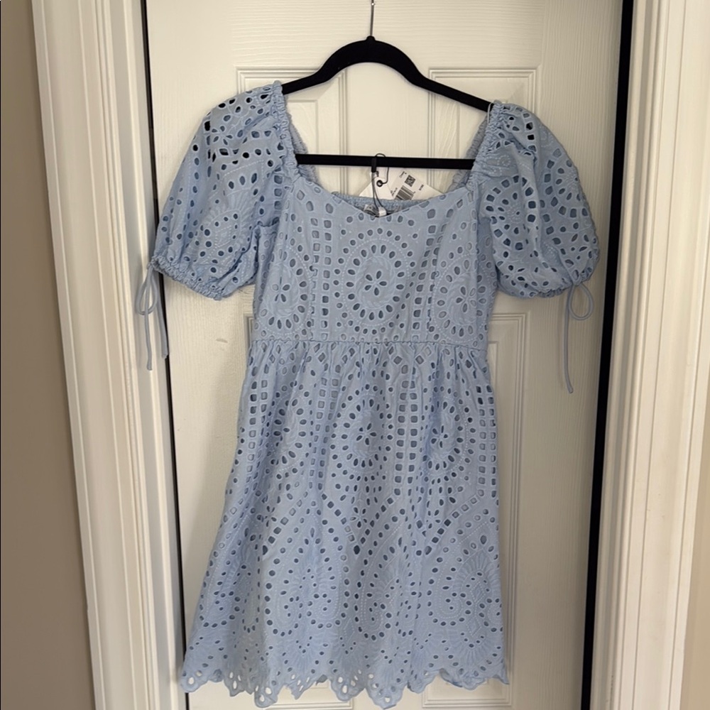 Womens Blue Mini Eyelet Dress